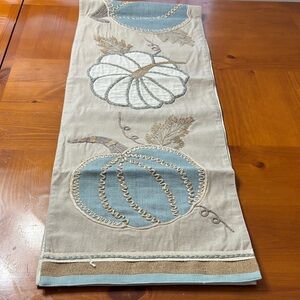 Pier 1 Imports Embroidered Fall Holiday Pumpkin Table Runner 13”x72” Tan Blue